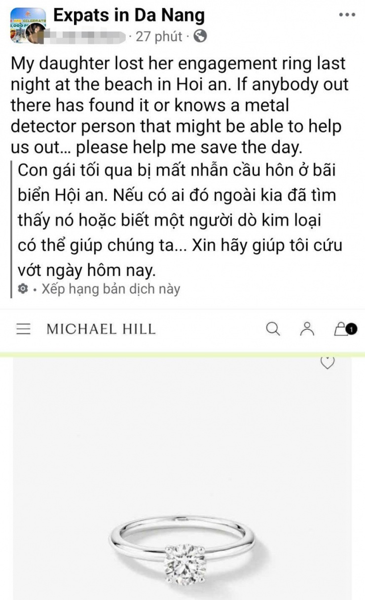 Du khách đăng bài nhờ hỗ trợ sau khi đánh rơi nhẫn ở bãi biển. Ảnh: G.X