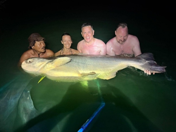 Kate Rivers cùng những người bạn chụp ảnh cùng con cá tra dầu.