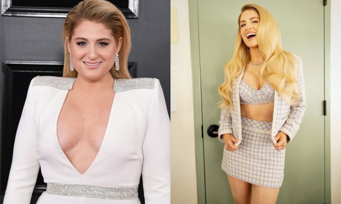 Meghan Trainor năm 2019 (ảnh trái) và năm 2025 (ảnh phải).