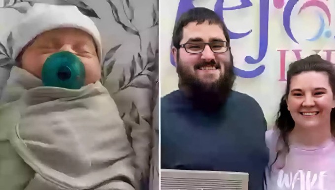 Vợ chồng Lindsey và Tim Pierce (phải) hạnh phúc đón con trai từ phôi thai hiến tặng. Ảnh: Rejoice Fertility Clinic