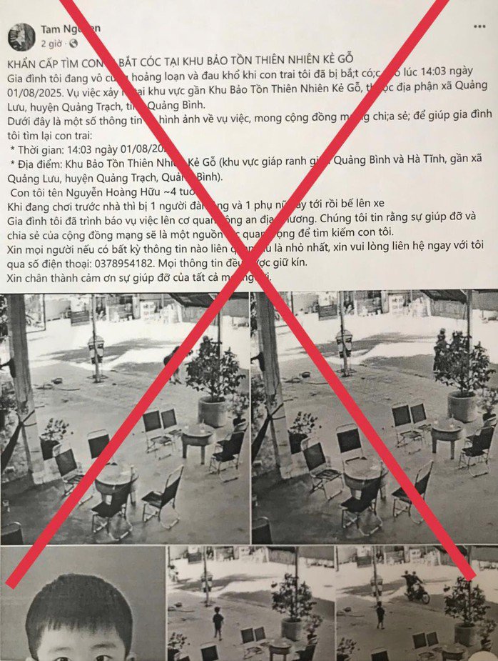 Bài viết được đăng trên Facebook bị chiếm quyền của anh T. mô tả một vụ bắt cóc trẻ em tại khu Bảo tồn thiên nhiên Kẻ Gỗ. Ảnh: Công an Hà Tĩnh