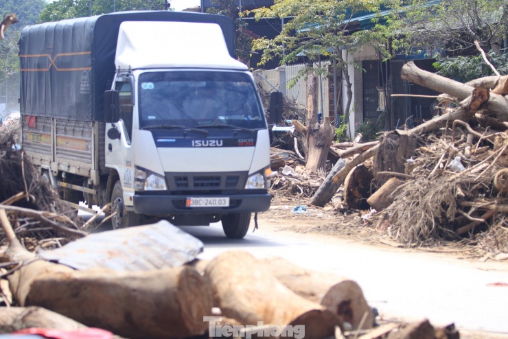 Nhiều đoạn đường gỗ tấp đống 2 bên, chỉ còn một làn ở giữa để các phương tiện lưu thông. Theo xã Tương Dương, củi gỗ này bắt nguồn từ rừng ở thượng nguồn. Gỗ bị gãy từ lâu, khi gặp phải nước lũ lớn thì trôi về và kẹt lại dọc đường.