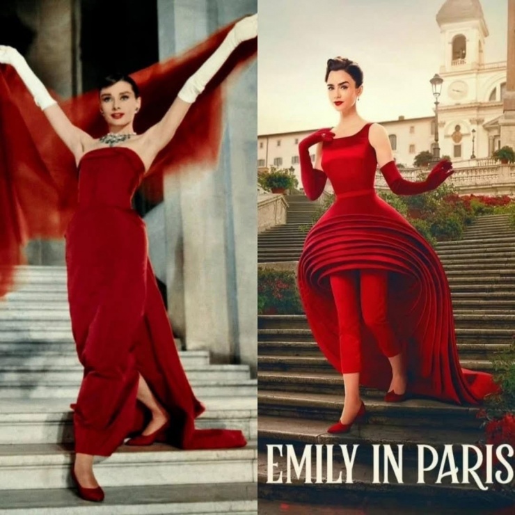 Trong tấm poster này, Lily Collins diện bộ trang phục satin đỏ tuyệt đẹp với đôi găng tay opera đồng bộ, bước xuống Bậc thang Tây Ban Nha ở Rome, đây là một sự gợi nhớ rõ ràng đến cảnh 