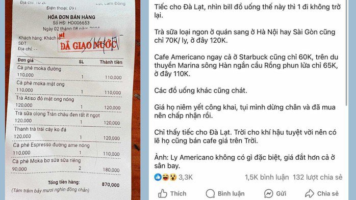 Hoá đơn thanh toán tiền thức uống và bài viết trên mạng xã hội cho rằng giá ly cà phê quá cao.