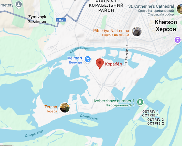 Khu dân cư Korabel nằm tách biệt với phần còn lại của thành phố Kherson. Ảnh: Google Maps.