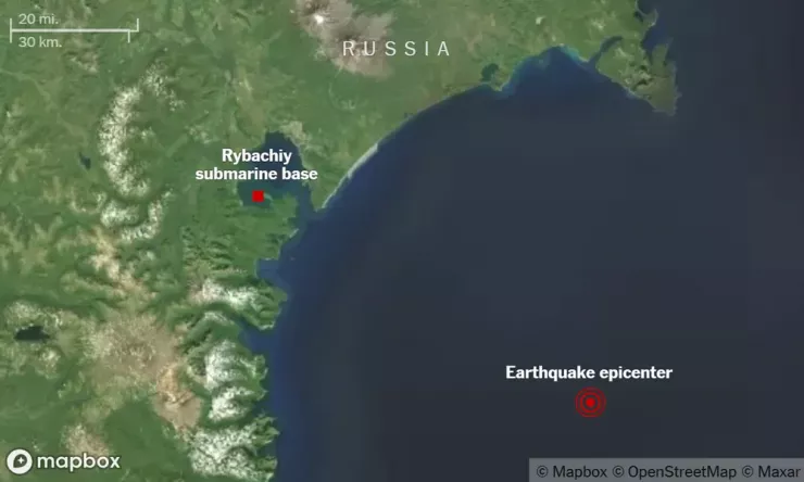 Căn cứ tàu ngầm hạt nhân Nga Rybachiy cách tâm chấn khoảng 128 km. Ảnh: MAXAR