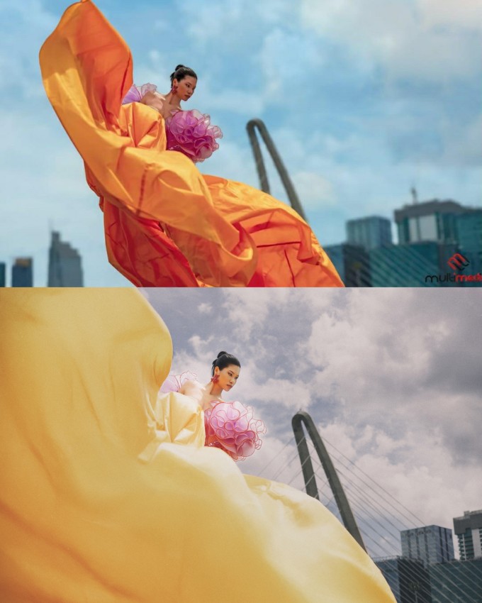 Ảnh photoshoot của thí sinh vào vòng nguy hiểm Giang Phùng khi chiếu trên VTV9 và sau khi chỉnh sửa.