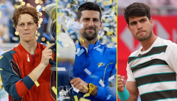 Djokovic (áo xanh) vắng mặt tại Cincinnati Masters, tăng cơ hội cho Sinner (áo đỏ) và Alcaraz (áo trắng đen) gặp nhau ở chung kết