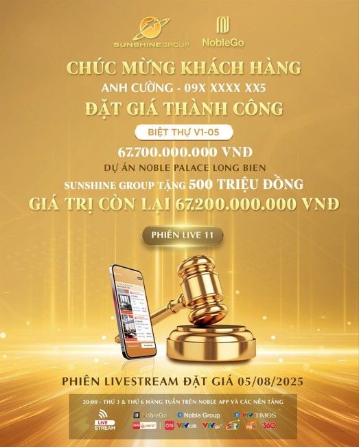 Với mức giá khởi điểm từ 40,03 tỷ đồng, biệt thự V1-05 đã được khách hàng N.Cường chốt thành công với giá 67,7 tỷ đồng, rẻ hơn 15% so với thị trường, chưa tính quà tặng 500 triệu đồng từ Sunshine Group.