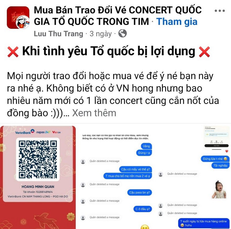Bức xúc vì bị lừa, chị Trang chia sẻ bài lên mạng xã hội thì được biết hàng chục người khác trong nhóm cũng bị lừa tương tự. (Ảnh chụp màn hình)