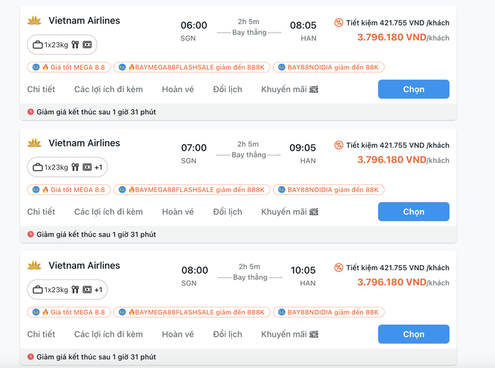 Giá vé máy bay một lượt từ TP HCM đi Hà Nội dịp 2-8 đang được các hãng hàng không mở bán