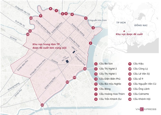 Khu vực trung tâm thành phố được đề xuất làm vùng LEZ. Đồ họa: Hoàng Khánh