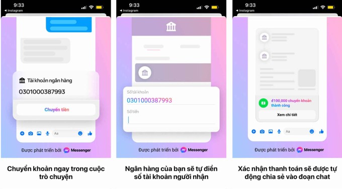 Giao diện tính năng chuyển khoản trên Messenger tại Việt Nam.