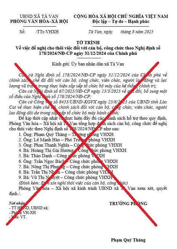 Tờ trình thất thiệt về việc cho 9 cán bộ nghỉ việc gây dư luận xôn xao. Ảnh: Công an Lào Cai