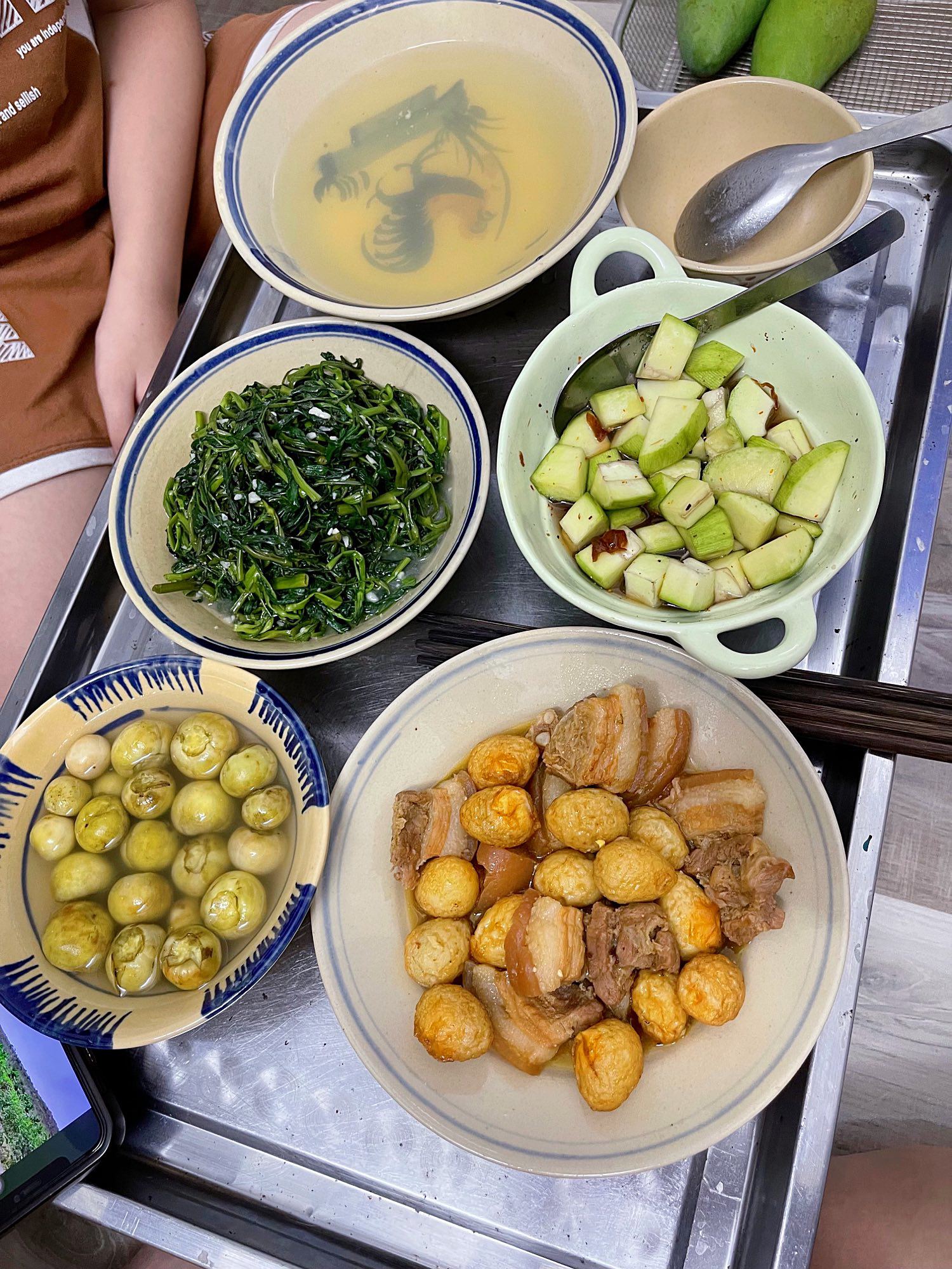 Rau muống xào - Cà muối - Thịt kho trứng cút - Xoài dầm mắm đường