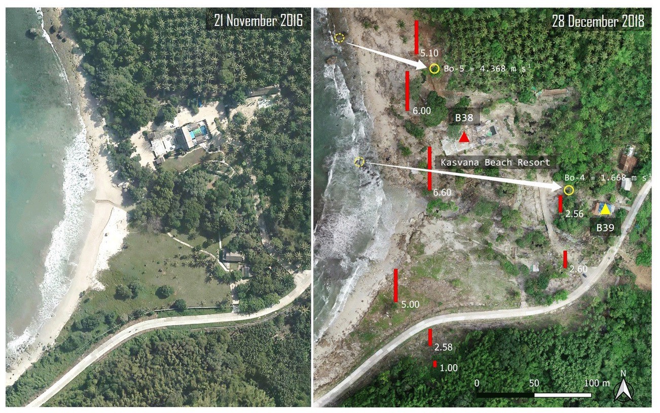 Một khu vực ở tỉnh Banten, Indonesia, trước và sau thảm họa sóng thần. Ảnh: Google Earth