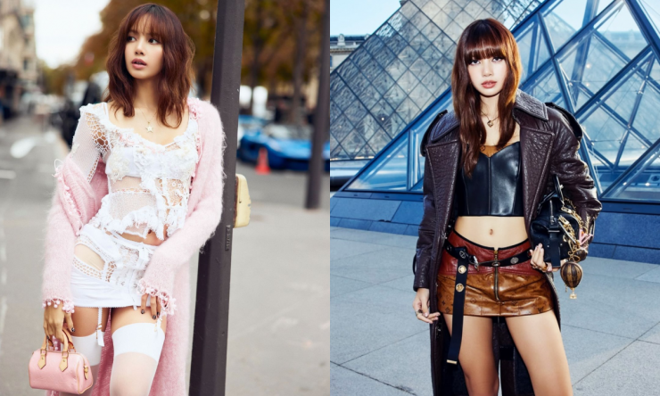 Lisa dạo phố Paris tháng 10 năm ngoái (trái) với mốt đan móc thủ công, lộ nội y của Lou de Bètoly, xách túi Louis Vuitton. Tại Paris Fashion Week 2024, fan khen ca sĩ toát lên vẻ sang trọng, quyền lực với 
