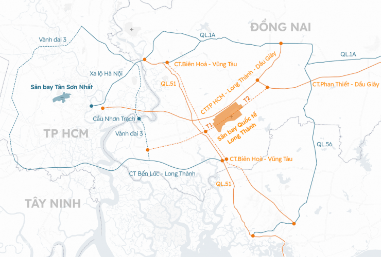 Những tuyến đường giúp kết nối khu vực TP HCM với sân bay Long Thành. Đồ họa: Khánh Hoàng