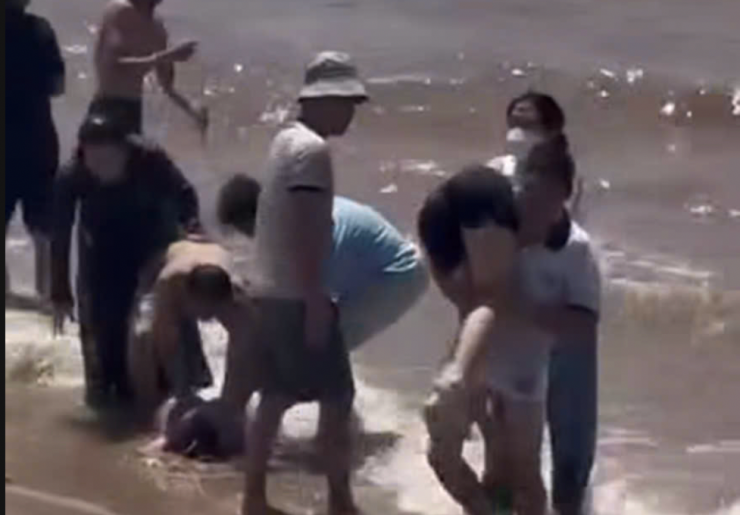 Du khách được giải cứu khi bị sóng cuốn tại biển Ninh Bình. Ảnh cắt từ video clip.