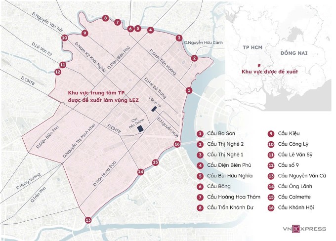 Khu vực trung tâm thành phố được đề xuất làm vùng LEZ. Đồ họa: Hoàng Khánh