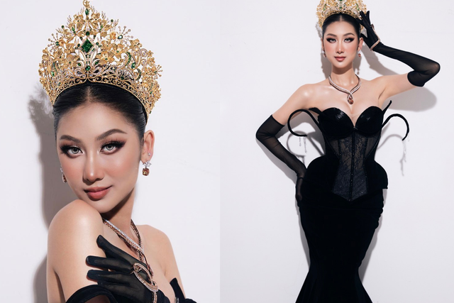 Diện trang phục đen ôm sát và đội vương miện Miss Grand Vietnam, người đẹp khoe thần thái tự tin và đường cong quyến rũ, ghi lại dấu ấn đặc biệt sau hành trình 1 năm nhiệm kỳ.