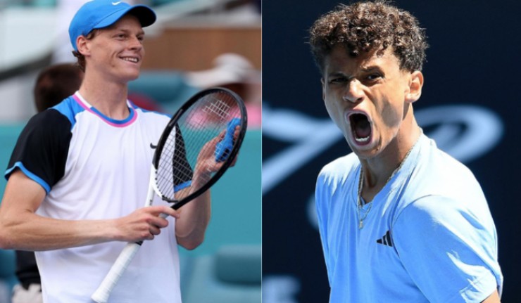 Sinner (bên trái) so tài với tay vợt Canada, cao tới 2m03 (bên phải)