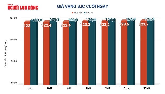 Tại Việt Nam, vào cuối ngày 11-8, giá vàng SJC được bán ra ở mức 123,9 triệu đồng/lượng, trong khi giá vàng nhẫn ở mức 119,1 triệu đồng/lượng.
