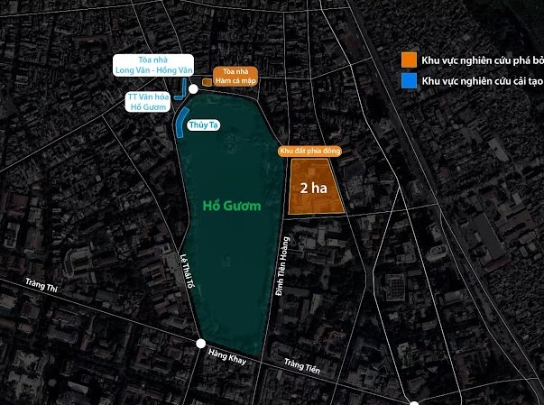 Hai khu vực nghiên cứu quy hoạch mở rộng không gian Hồ Gươm (màu vàng). Đồ họa: Đỗ Nam