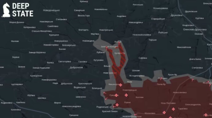 Bản đồ do DeepState cập nhật cho thấy hướng tấn công đột phá của quân đội Nga. Ảnh: DeepState.