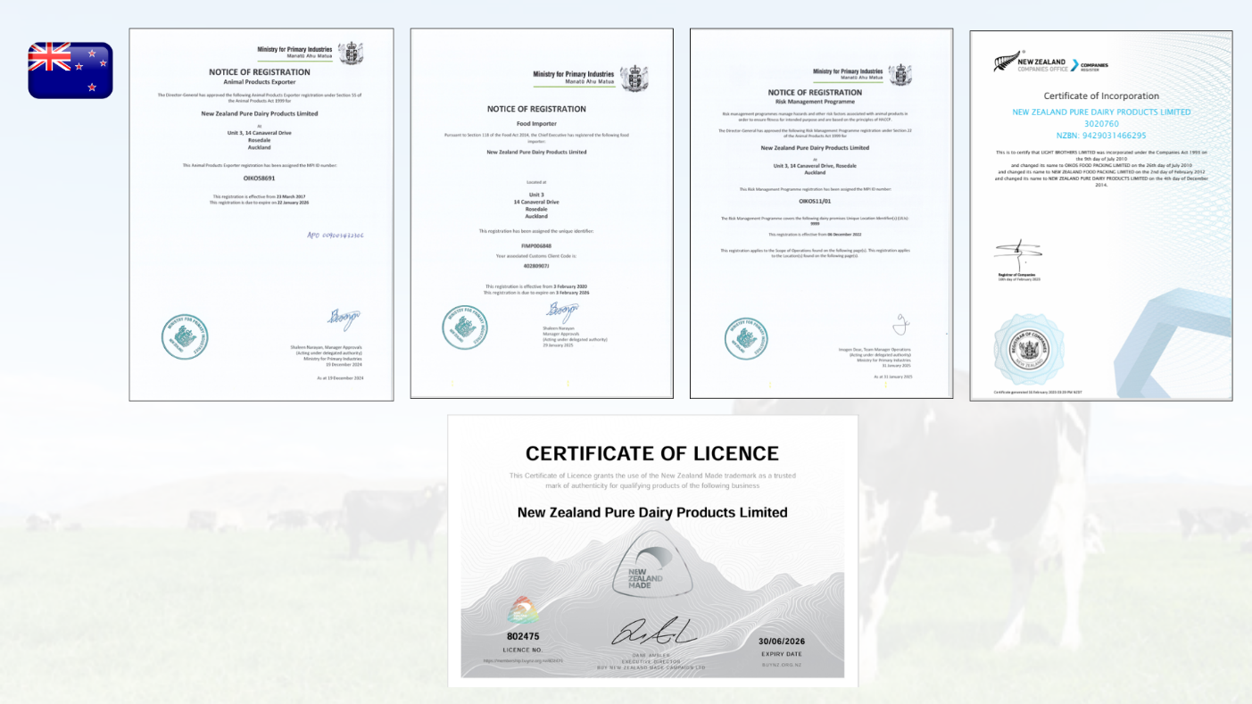 Các tiêu chuẩn mà nhà sản xuất New Zealand Pure Dairy Products Limited đã đạt được