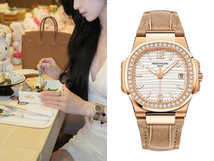 Nổi bật trên tay của người đẹp là chiếc đồng hồ Patel Philippe Nautilus phiên bản dây da vỏ vàng hồng 18k, mặt viền kim cương nguyên khối, có giá bán khoảng 1,3 tỷ đồng.
