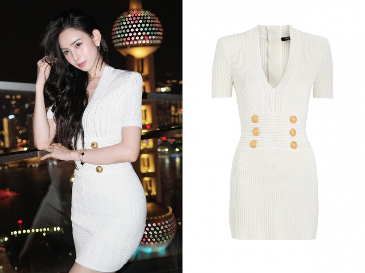 Mỹ nhân sinh năm 2002 khoe body qua chiếc váy dệt kim, đính cúc metallic nổi bật của Balmain, giá bán khoảng 31 triệu đồng.