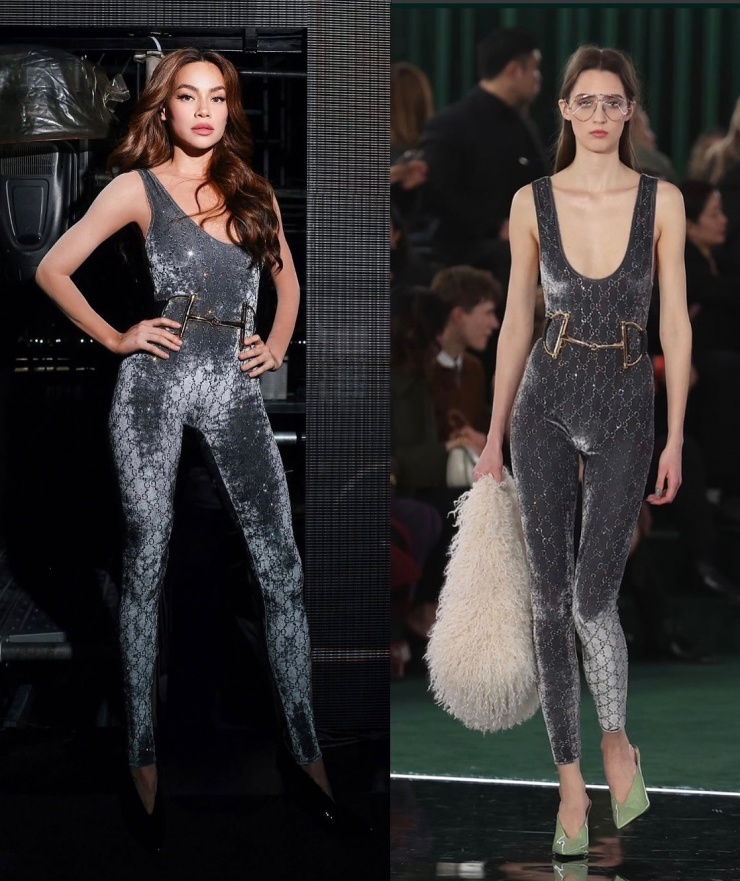 Biểu diễn trong một concert hôm 9/8, Hồ Ngọc Hà diện trang phục thuộc bộ sưu tập Gucci Thu Đông 2025 chưa được hãng chính thức mở bán. Thiết kế jumpsuit nhung bó sát thân hình, tạo điểm nhấn bằng thắt lưng hàm thiếc ngựa. Mặc bộ đồ kén dáng, Hồ Ngọc Hà khoe thân hình 'không mỡ thừa'. Người đẹp chỉnh sửa phần cổ áo để tạo vẻ kín đáo hơn so với người mẫu hãng.