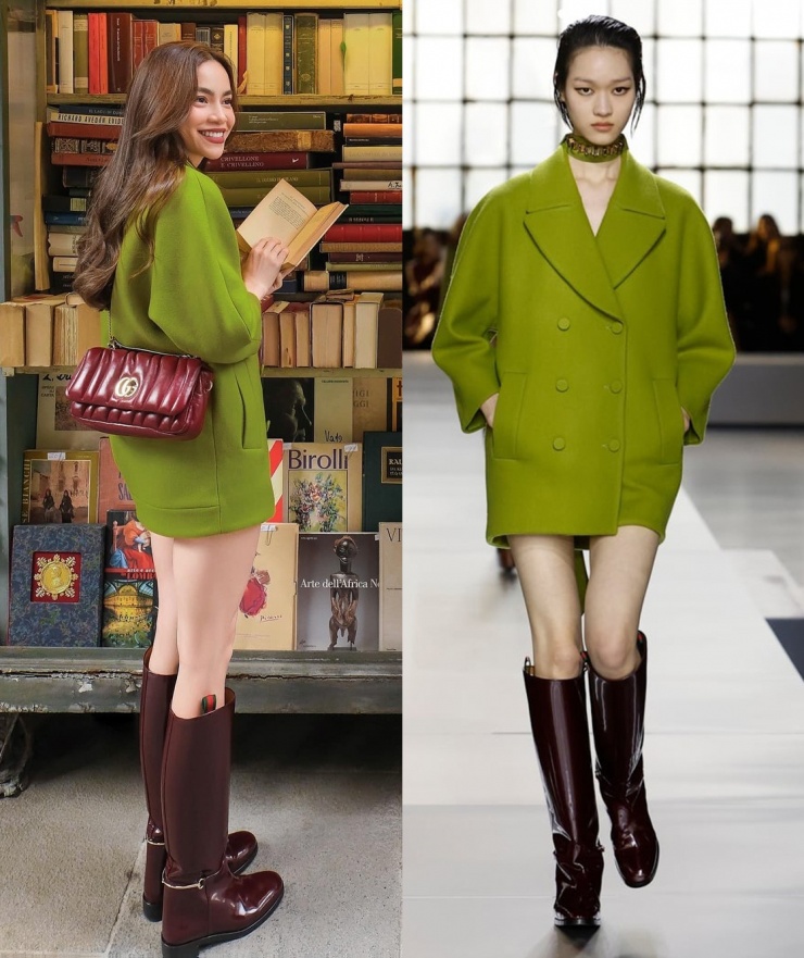 Hồ Ngọc Hà mặc áo khoác giấu quần cùng boots cao đến gối giống người mẫu Gucci. Nhờ chiều cao hơn 1,7 m, mỹ nhân ba con chinh phục thiết kế oversized.