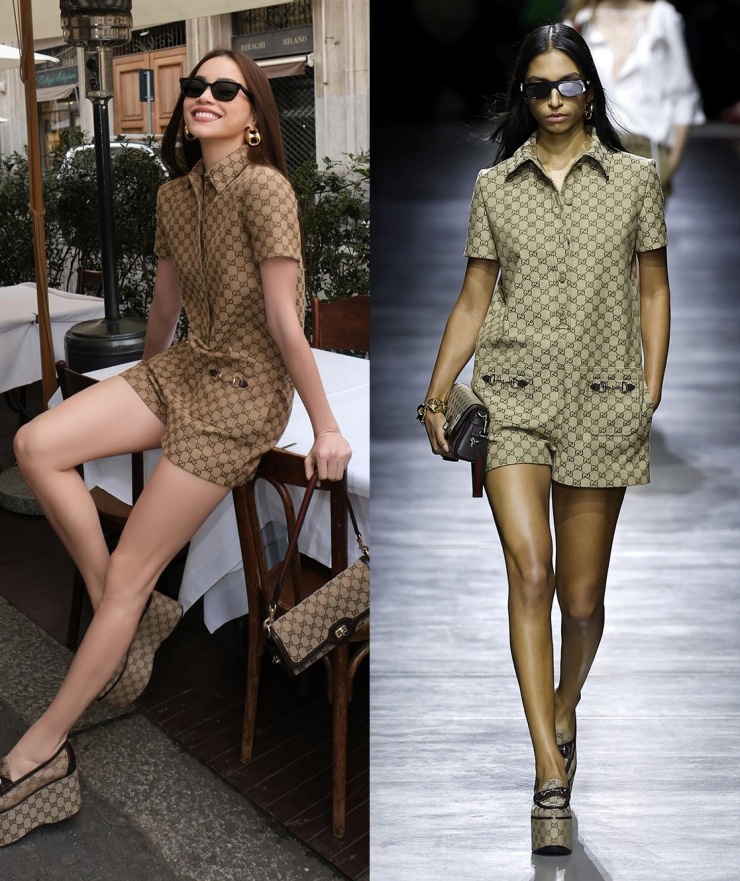Mẫu jumpsuit họa tiết được Gucci giới thiệu giúp Hồ Ngọc Hà khoe phong cách trên phố châu Âu. Dù ít khi mix-match khác với người mẫu hãng, ca sĩ vẫn ghi điểm nhờ thần thái, vẻ đẹp riêng.