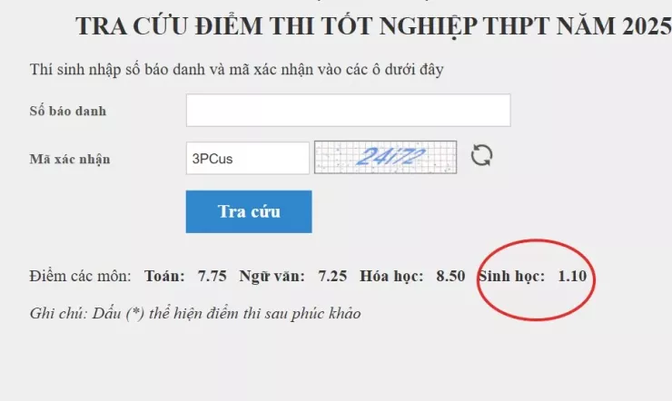 Điểm 4 môn thi của thí sinh NVS trước khi phúc khảo