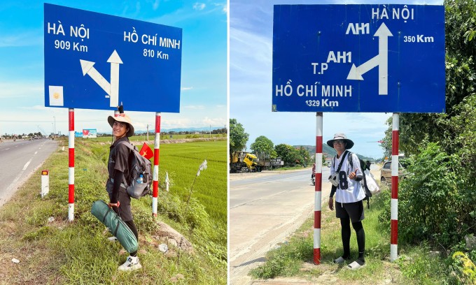 Nguyễn Xuân Duy (trái) và anh Cao Lê Tuấn Tú trên chuyến hành trình đi bộ xuyên Việt, khởi hành từ TP HCM ngày 5/6. Ảnh: Nhân vật cung cấp