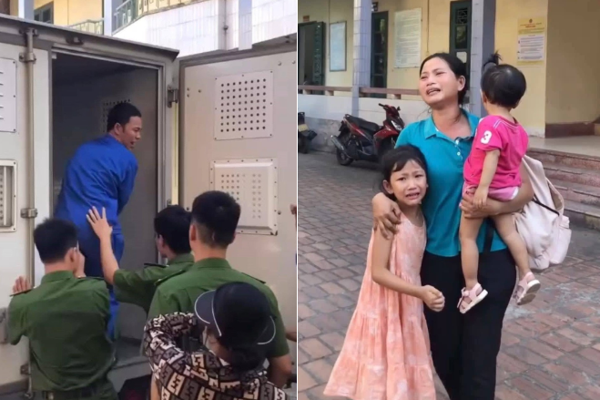 Hình ảnh anh Thành nhận bản án 6 năm tù và vợ con tại tòa