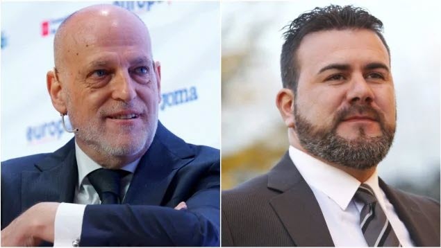Chủ tịch La Liga, Javier Tebas (trái), đang bị Miguel Angel Galan (phải) yêu cầu phế truất vì tiết lộ thông tin mật của Barcelona