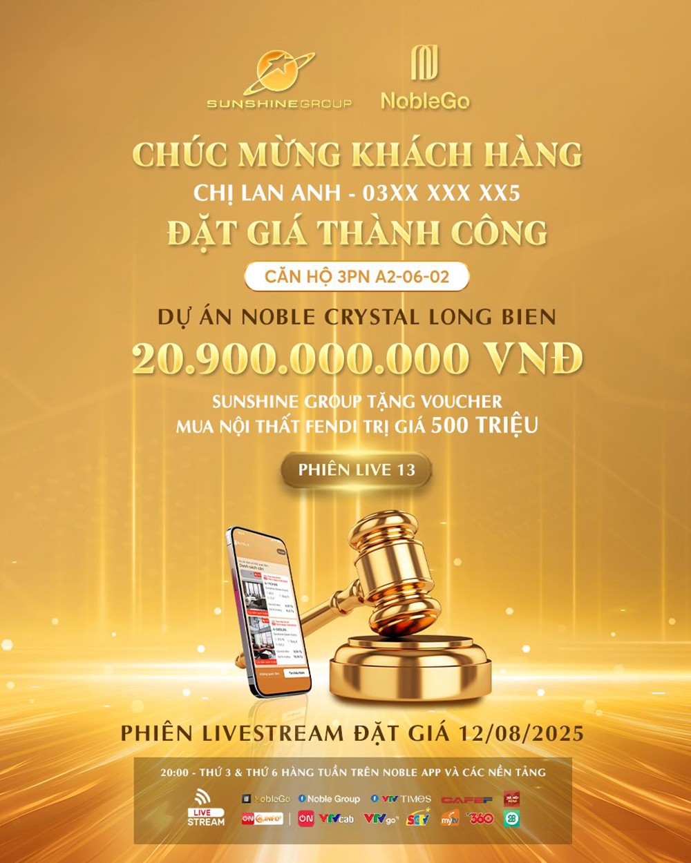 Căn President Sky Villa A2.06-02 được khách hàng Lan Anh chốt thành công với giá 20,9 tỷ đồng, cùng voucher quà tặng trị giá 500 triệu đồng mua nội thất hàng hiệu Fendi (Ý)