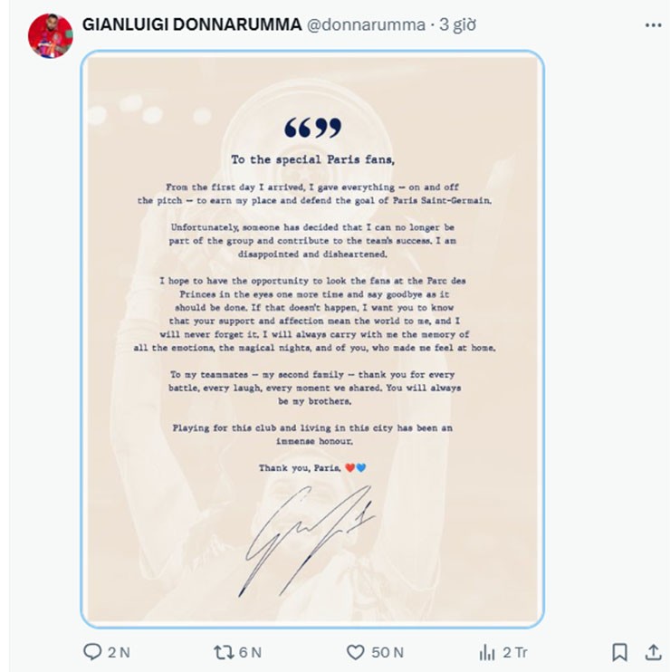 Tâm thư của&nbsp;Donnarumma