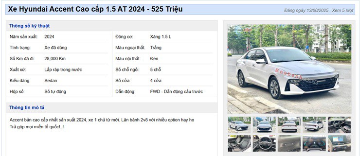 Một chiếc New Hyundai Accent Cao Cấp 1.5 AT 2024 đã qua sử dụng được rao bán lại (Ảnh: Chụp màn hình). 