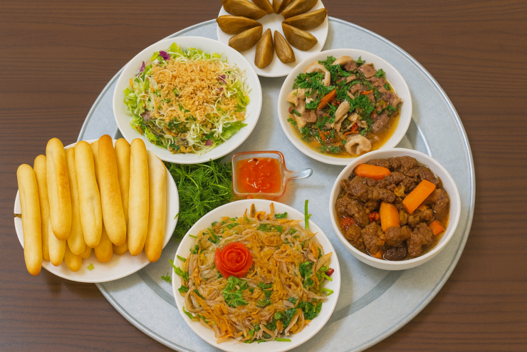 Miến xào thập cẩm + thịt bò sốt vang + nộm rau + lòng xào ngổ + bánh mì que + quả hồng xiêm