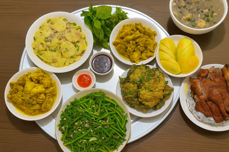 Gà quay + gà rang nghệ + khoai tây xào + chả cá chiên + rau thơm + rau bí xào tỏi + canh + xoài tráng miệng