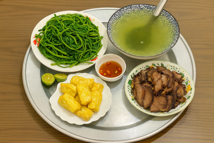 Đậu chiên + rau muống luộc + thịt nạc + nước canh rau
