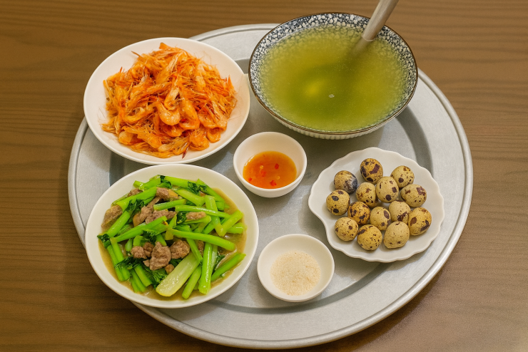 Rau cải xào thịt + tôm sông chiên + trứng cút luộc + nước rau xanh