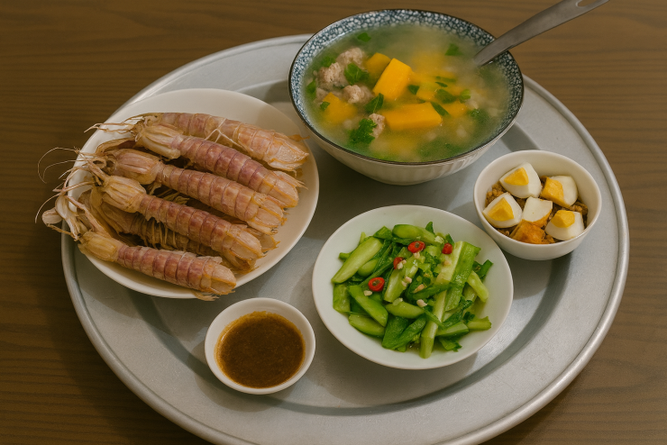 Bề bề hấp + nộm dưa chuột + canh xương nấu bí đỏ + trứng dầm xì dầu