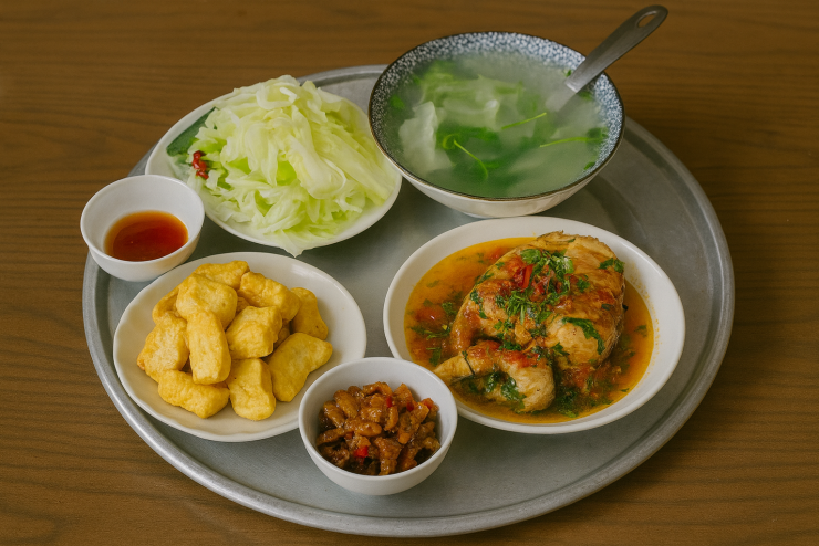 Cá sốt + thịt ba chỉ rang + đậu chiên + rau bắp cải luộc + nước canh