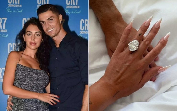 Georgina Rodriguez công khai nhẫn đính hôn với viên kim cương khổng lồ, do Cristiano Ronaldo tặng, hôm 11/8. Anya Walsh, chuyên gia trang sức tại London, Anh, nhận xét chiếc nhẫn thuộc hàng độc nhất vô nhị, ước tính 5 triệu USD. Trên mạng xã hội, một số người bình luận rằng chiếc nhẫn đắt đến mức có thể "cứu đói thế giới". Ảnh: Instagram Georgina Rodriguez