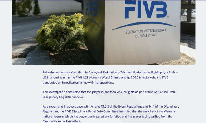 Thông báo của FIVB tối 12/8. Ảnh: chụp màn hình